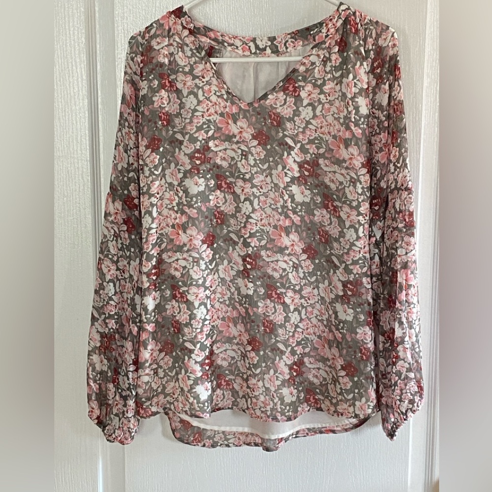 Floral V-Neck Blouse - Pink and Gray